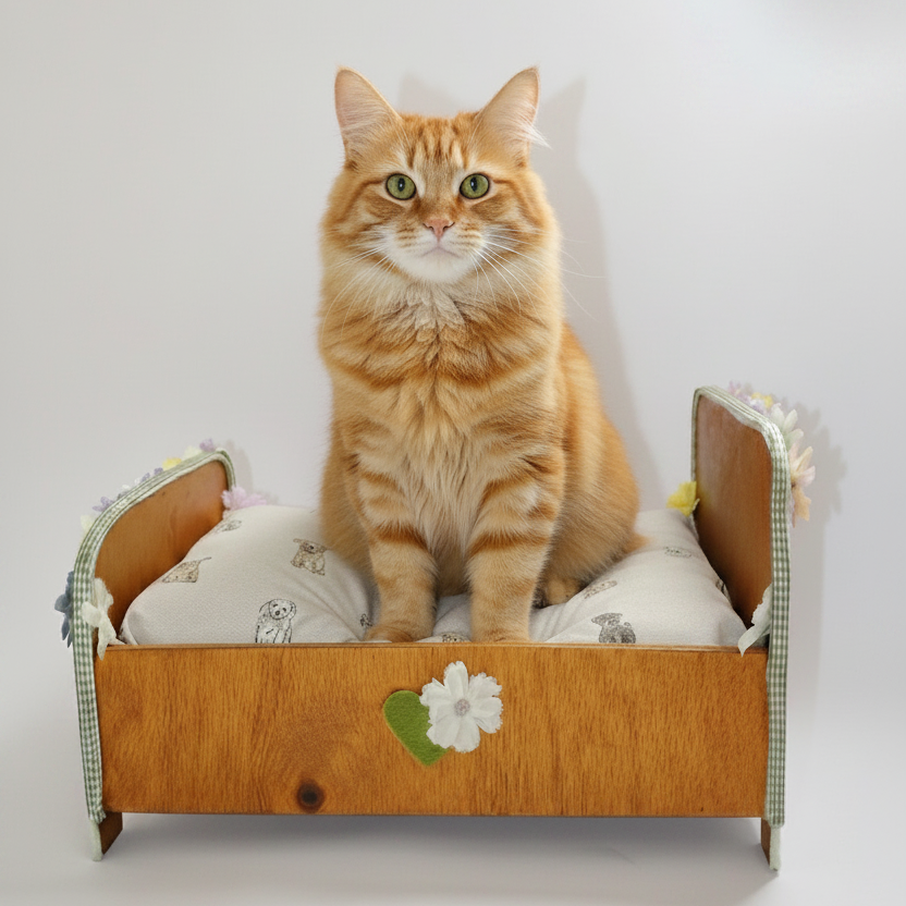Chat roux sur la corbeille en bois